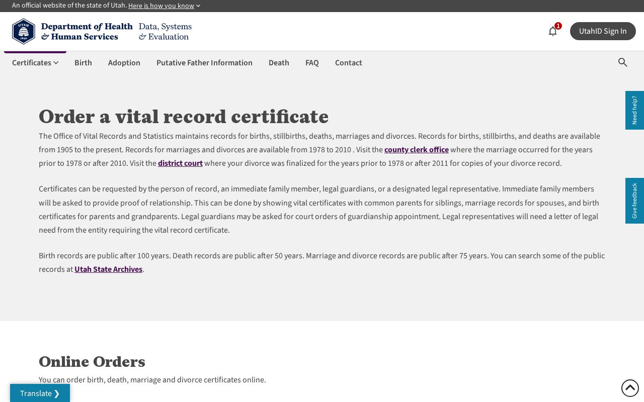Roy public records and Utah vital-certificate application routes